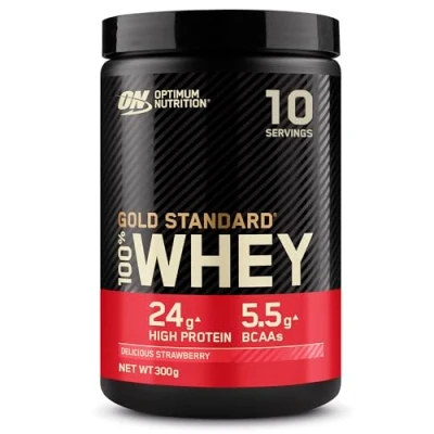 Abbildung von Optimum Nutrition Gold Standard 100% Molkenproteinpulver für Muskelaufbau und regeneration mit natürlich vorkommendem Glutamin BCAA Aminosäuren, Strawberry, 10 Portionen, 310g