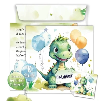 Abbildung von TOBJA Einladungskarten 10 Dino inkl Umschläge und Sticker, Kindergeburtstag Junge Geburtstag Einladung Kinder