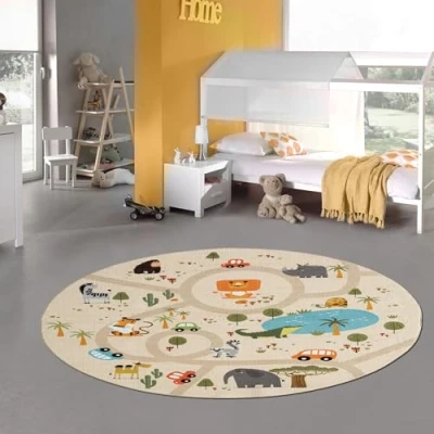 Abbildung von Teppich Traum Kinderteppich Kinderzimmer Spielteppich Spielmatte Safari Straßenteppich rutschfest beige Rund 160 cm Durchmesser
