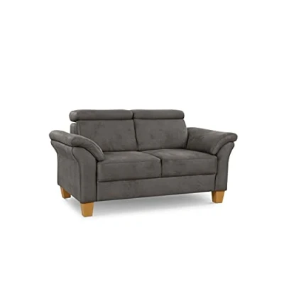 Abbildung von Cavadore 2 Sitzer Sofa Ammerland / 2er Couch im Landhausstil mit Federkern + verstellbaren Kopfstützen 156 x 84 93 Wildlederoptik, Grau