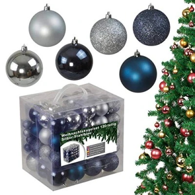 Abbildung von 120 teiliges Weihnachtskugeln Set aus Kunststoff Christbaumschmuck Baumschmuck in Glänzend Glitzernd Matt, Silber/stahlblau