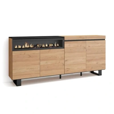 Abbildung von Skraut Home Sideboard, Highboard Kommode, Komodenschrank 200x87x35cm 4 Türen Elektrokamin. Maße Industriedesign Moderner Stil Eiche Schwarz