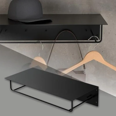 Abbildung von ML DESIGN Kleiderstange Metall Wandgarderobe mit Hakenleiste, &amp; Hutablage (1 St), Flurgarderobe für Jacken Mäntel 60x30x15cm Schwarz Garderobenpaneel