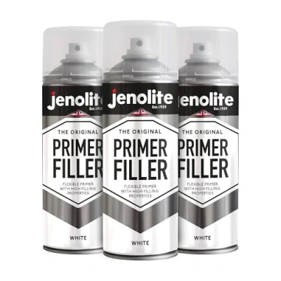 Abbildung von JENOLITE Grundfüller Aerosolfarbe WEIß Flexible Grundierung mit hohen Fülleigenschaften Füllt kleine Dellen und Kratzer für ein glattes Finish 3 x 400 ml