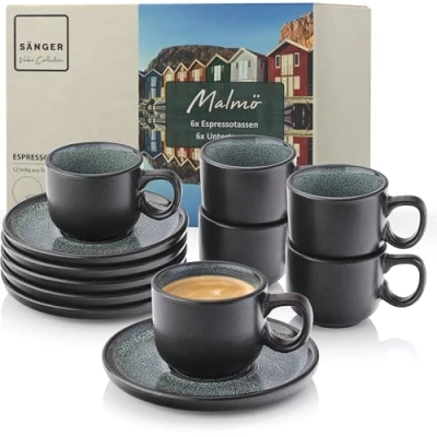 Abbildung von SÄNGER Espressotasse Set Malmö 12 tlg., Steingut, Grün Schwarz, 80 ml, Erweiterbar, Handmade, VALUE COLLECTION