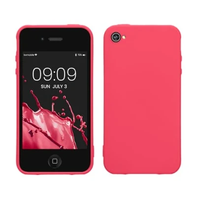 Abbildung von kwmobile Hülle kompatibel mit Apple iPhone 4 / 4S weiches TPU Silikon Case Cover geeignet für kabelloses Laden Neon Pink