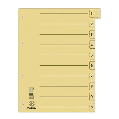 Abbildung von DONAU 8611001 11 Trennblätter 50er Pack/Farbe: Gelb/Karton Register überbreit Aus Recycling Karton/für DIN A4 4 Fach Lochung Trennlaschen Ordner Register/Blauer Engel/Made in EU