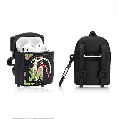 Abbildung von Derhom Silikon Schutzhülle für Airpods, niedlich, lustig, kompatibel mit Apple Airpods 1 und 2 [Tasche Serie] (Black Shark)