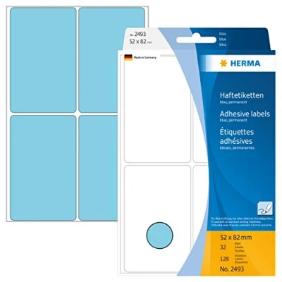Abbildung von HERMA 2493 Vielzweck Etiketten, 128 Stück, 52 x 82 mm, 4 pro Bogen, selbstklebend, Haushaltsetiketten zum Beschriften, matt, blanko Papier Klebeetiketten Aufkleber, blau