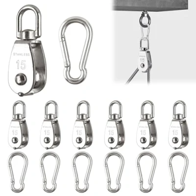 Abbildung von M15 Umlenkrolle, 6 Stück Umlenkrolle &amp; Karabiner M4, Edelstahl Umlenkrollen für Drahtseile Seile Bis mm Durchmesser, Tragkraft 35kg (Silber) Rolle Sonnensegel, Fitness, Seilwinde