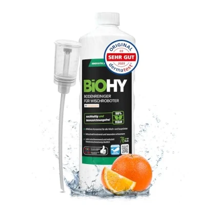 Abbildung von BiOHY Bodenreiniger für alle Wischroboter mit Orangenduft (1l Flasche) + Dosierer Schaumarm &amp; Streifenfrei Reinigungsmittel Konzentrat Böden
