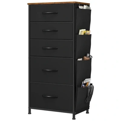 Abbildung von YITAHOME Kommode, 5 Stoffschubladen mit Griffen, Aufbewahrungsschrank Haken, Schubladenschrank Seitentaschen, Schrank, Metallgestell,stoffkommode für Schlafzimmer,Wohnzimmer,Flur,Büro,schwarz