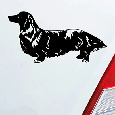 Abbildung von Hellweg Druckerei Langhaar Dackel Dog Hund Fun Low JDM Auto Aufkleber Sticker Heckscheibenaufkleber