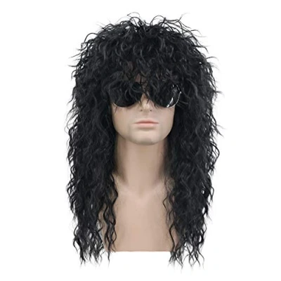 Abbildung von karlery 70er 80er Jahre Rocker Metal Vokuhila Perücke Herren Lang Locken Schwarz Party Halloween Kostüm Anime