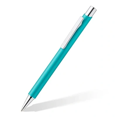 Abbildung von STAEDTLER Druckkugelschreiber elegance, Metallschaft, langlebig, auswechselbare M Mine, dokumentenecht, Schreibfarbe blau, 10 Kugelschreiber in türkis im Kartonetui, 421 45 35