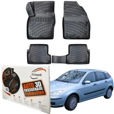 Abbildung von Trimak Passgenau 3D Fussmatten kompatibel mit Ford Focus &#039;99 1.Gen 1998 2004 Auto Zubehör 1. und 2. Reihe Gummimatten Autos TPE Allwetter Geruchlos rutschfest Vorne Hinten Schwartz