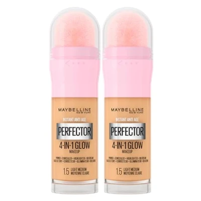 Abbildung von Maybelline New York Instant Age Perfector Glow 4 in 1 Concealer BB Cream Highlighter Primer Farbe 1.5 Light Medium mit Schwamm zum Auftragen 2 Flaschen à 20 ml