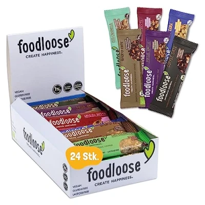 Abbildung von foodloose Bio Nussriegel Probierpaket Vegane, laktose und glutenfreie Riegel ohne raffinierten Zucker Großpackung mit 6 verschiedenen Sorten (24 x 35g)
