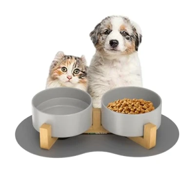 Abbildung von Doppel 450ml Katzennapf Hundenapf Keramik Futternapf Fressnapf Hund Erhöht Futterschüssel mit Bambus Ständer und Futter Wassernapf (Grau, 450ML)