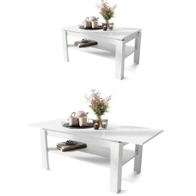 Abbildung von All4All Couchtisch Asti R Wohnzimmertisch Kaffeetisch kompakte Größe mit Stauraum Sofatisch Ablage platzsparend ausziehbar bis 140cm 100x60cm Weiß 05