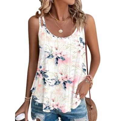 Abbildung von WNEEDU Damen Tank Tops Sommer Spaghetti Cami Oberteile Ärmellose Rundhalsausschnitt Blusen Top Shirts Weiße Rosa Blume M