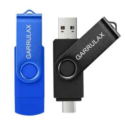 Abbildung von GARRULAX USB Flash Laufwerk, 2 in 1, OTG, Typ C, 2.0, drehbarer Speicherstick für Datumsspeicher, Pendrive Daumen Android Smartphones, MacBook, Tablets, PC (Schwarz + Blau, 32 GB)