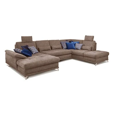 Abbildung von Cavadore Wohnlandschaft Castiel mit Federkern / Großes Schlafsofa in U Form Bettkasten, Sitztiefenverstellung und Kopfstützen 368 x 114 232 Webstoff, Hellbraun
