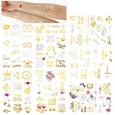 Abbildung von HOWAF 134 Stück Junggesellinnenabschied Tattoo Set, Gold JGA Bride Team Braut Hochzeit temporäre Tattoos Accessoires Dekorationen/Deko