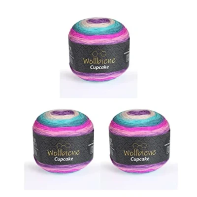 Abbildung von Cupcake 3 x 150g Strickwolle 450 Gramm Wolle zum Stricken und Häkeln Babywolle türkische Farbverlaufswolle (pink türkis lila 3030)