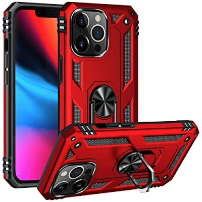 Abbildung von Verco Hybrid Armor Shiel Case für iPhone 13 Pro Max Hülle, extrem robust mit Magnet Fingerring Halter Handyhülle Panzerhülle, Rot