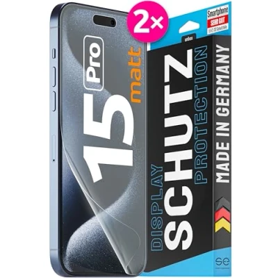 Abbildung von 2x se® 3D SCHUTZFOLIE Entspiegelt für Apple iPhone 15 Pro ,Selbstheilend, 100% Fingerabdruck &amp; FaceID kompatibel, einfache blasenfreie Installation, Ultra Klar, Stoß Kratzfest, aus Deutschland