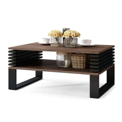 Abbildung von All4All Kleiner Couchtisch Goki Kaffeetisch Wohnzimmertisch Loft Stil Tisch mit Lamellen kompakte Größe 90x60cm 05 Braune Eiche + Schwarz