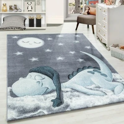 Abbildung von Carpetsale24 Kinderteppich süßes Dinosaurier Muster Blau und Grau 200 x 290 cm Kurzflor Teppich Kinderzimmer Babyzimmer für Mädchen Junge Extra Weich Pflegeleicht Spielteppich Babyteppich