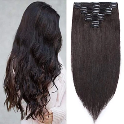Abbildung von SEGO Clip in Extensions Echthaar Haarverlängerung Haarteil Doppelt 8 Tressen hitzebeständig glatt Naturschwarz #1B 12&quot;(30cm) 115g
