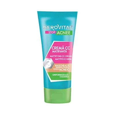 Abbildung von Mattierende CC Akne Creme Kaschiert Unebenheiten und Sorgt Sofort für einen Ebenmäßiges Teint, Mittlerer Farbton, an den Hautton anpassbar, 30 ml, Gerovital Stop Acnee