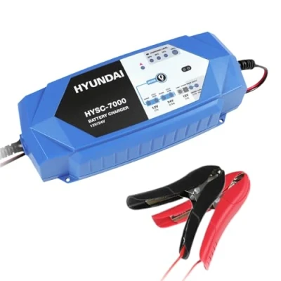 Abbildung von HYUNDAI Batterieladegerät HYSC 7000 12V/24V Intelligentes Ladegerät für Autobatterie, Motorrad, Boot AGM, AGM+, EFB, Gel, Wet, MF, 12V Lithium Ionen, LIB Temperaturausgleich, Reparaturmodus