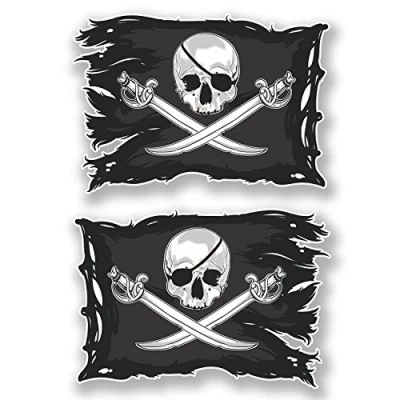 Abbildung von Vinyl Aufkleber #6621, Motiv: Jolly Roger, Totenkopf, 10 cm breit x 7 hoch, 2 Stück