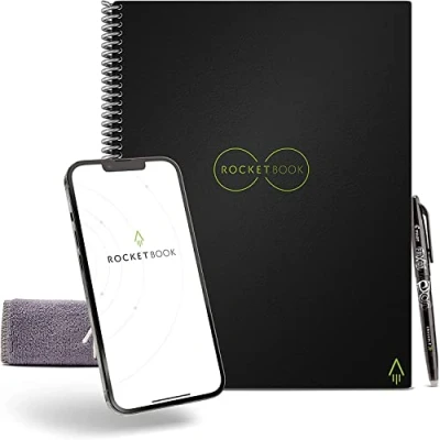 Abbildung von Rocketbook Core Wiederverwendbares Digitales Notizbuch Executive A5 Schwarz Elektronischer Notizblock mit Punktraster Wiederbeschreibbar inkl. Pilot Frixion Stift und Mikrofasertuch