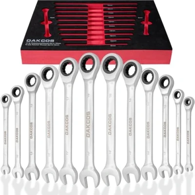 Abbildung von DAKCOS Ratschenringmaulschlüssel Satz Kombi Ratschenschlüssel Set 12 tlg. 6, 7, 8, 10, 12, 13, 14, 15, 16, 17, 18, 19mm，mattierte Chromoberfläche CR V