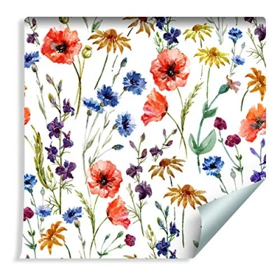 Abbildung von Wallepic Tapete 10m Vlies Mohn Kornblume Kamille Vliestapete 1000x53cm Wand Wohnzimmer Schlafzimmer Moderne Wanddeko Dekoration