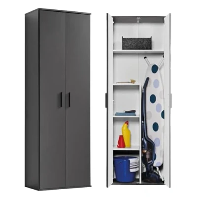 Abbildung von mokebo Mehrzweckschrank Der Lange (mit Staubsaugerfach) in Schwarz Anthrazit, Besenschrank, Putzschrank o. Haushaltsschrank