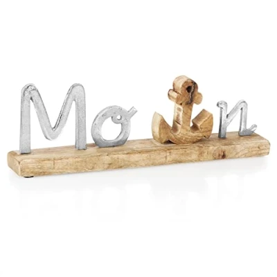 Abbildung von com four® Deko Aufsteller Schriftzug Moin aus Aluminium auf Mangoholz Sockel zum Hinstellen Maritimes Design (silberfarben Moin)