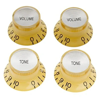 Abbildung von Musiclily Pro Metrische Größe 18 Splines 2 Volume Tone Bell Potiknopfe Top Hat Reflector Knobs Set für Epiphone Les Paul SG Style E Gitarre, Creme mit Silber (4er Set)