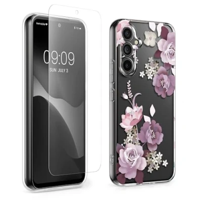 Abbildung von kwmobile Hülle kompatibel Mit Samsung Galaxy A54 5G Handyhülle Silikon Case Transparent Glas Schutzfolie Blumenblüten und Rosen Pastelllila