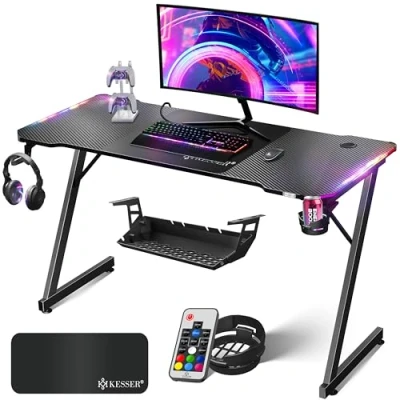 Abbildung von KESSER® Gaming Tisch LED 140cm x 60cm Z Form Gamer Schreibtisch Kopfhörerhaken &amp; Kohlebeschichtung Ergonomischer PC Computertisch Stabiler Getränkehalter Schwarz