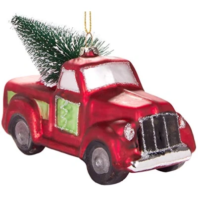 Abbildung von BRUBAKER Christbaumschmuck Kunstvolle Weihnachtskugel Roter Pick Up mit Baum, mundgeblasene Weihnachtsdekoration aus Glas, handbemalt ca. 14 cm