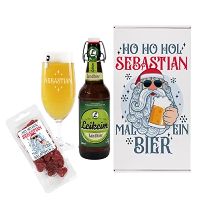 Abbildung von Lustapotheke® Männergeschenk zu Weihnachten mit Pils, Snackwurst und Bierglas Gravur in Geschenkverpackung