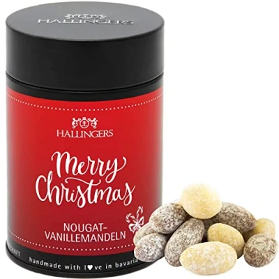 Abbildung von Hallingers Merry Christmas Nougat schokolierte Vanille Mandeln handgemacht (Dose) Adventskalender Neuheiten &amp; befüllen Glückwunsch Freundschaft Genesung