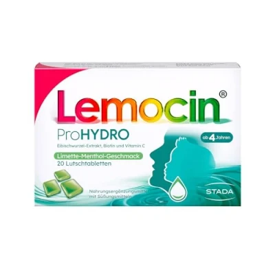Abbildung von Lemocin ProHYDRO Lutschtabletten mit Limette Menthol Geschmack für Hals und Rachen Erwachsene Kinder ab 4 Jahren Vitamin C, Biotin Eibischwurzelextrakt 1 x 20 Stück