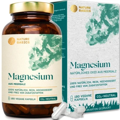 Abbildung von Natürliches Magnesium 180 Kapseln hochdosiert / 400 mg elementares pro Kapsel/Hochwertig gewonnen aus natürlichem Meersalz/Vegan, Zertifiziert &amp; Nachhaltig im Glas